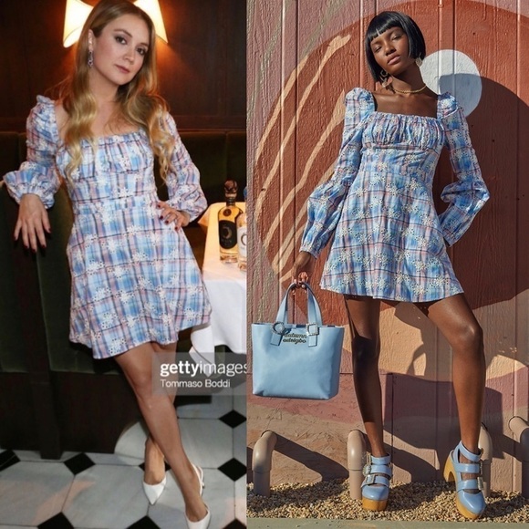 Autumn Adeigbo Catira Check Eyelet Puff-Sleeve Mini Dress in Blue Eyelet Print - Picture 1 of 10